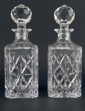 Vintage Lead Crystal Whiskey Decanter Set | Square Diamond Cut Glass | Pair of 2