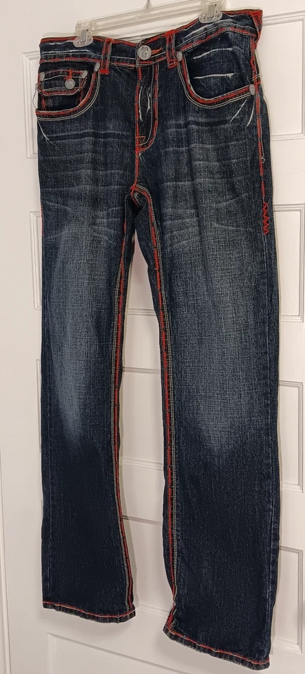 Pantalones de mezclilla vintage Y2K Bootcut 36 x 34 calavera puntada gruesa bordados desvanecimiento bigotes Foto 3 de 4