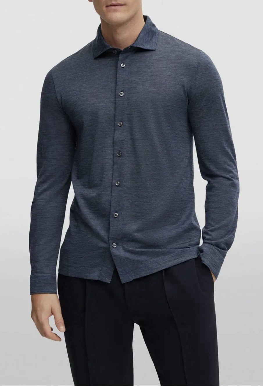 BOSS HUGO BOSS Full Button Placket Wool-Silk Shirt in Blue Size XL $465