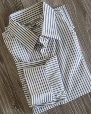 Uniqlo Men's Dress Shirt Gray White Stripe 100% Cotton Long Sleeve S Slim