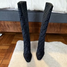 Women s Fendi FF Logo Patterned Knee High Pointed Toe Fashion Booties Black