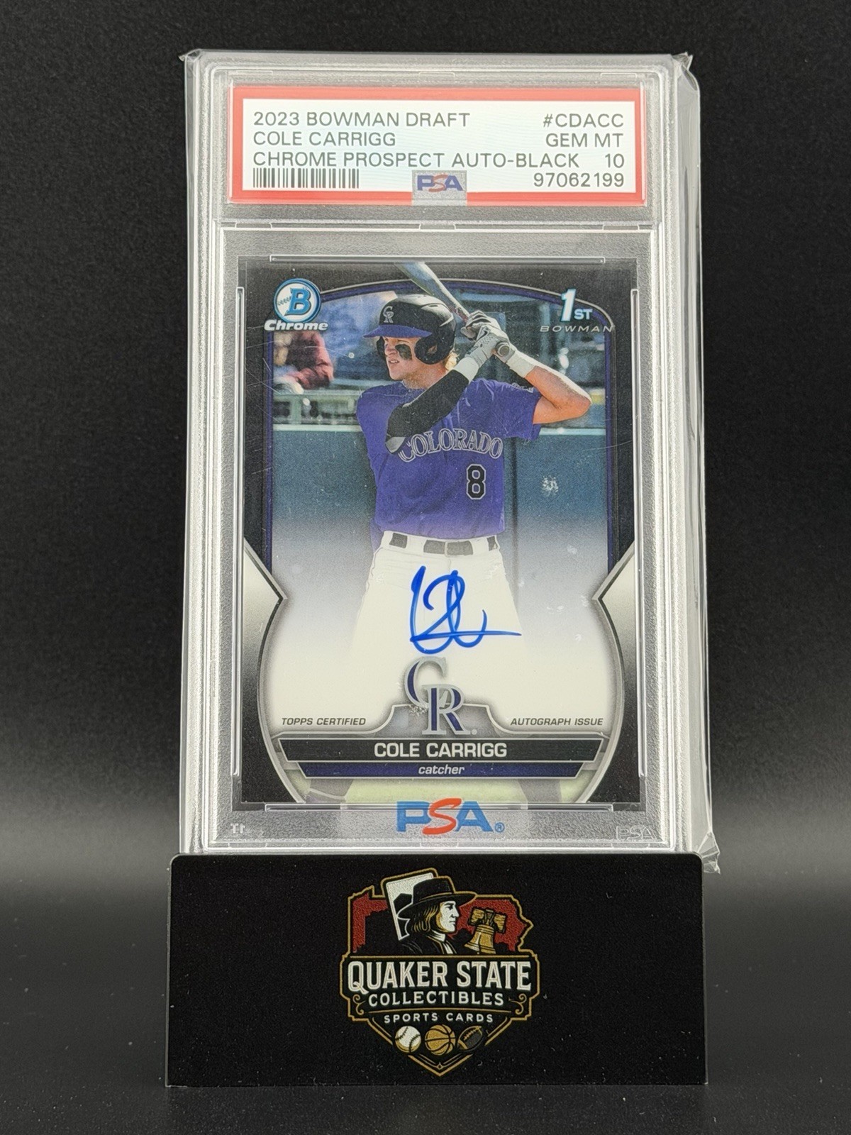 2023 Bowman Draft COLE CARRIGG 1st Rookie RC Black Auto /75 Refractor PSA 10