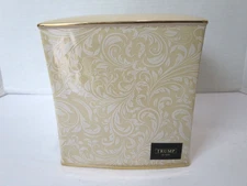 Ceramic Square Tissue Cover White Scroll Design On Tan Color Gold Trim