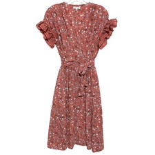 Max Studio Floral Prairie V Neck Dress S Ruffle Sleeves Cottage Smocked Belt Bow