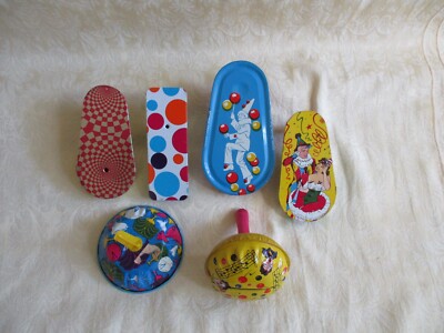 Lot of 6 Assorted Colorful Tin Noise Makers - Clickers & Spinners