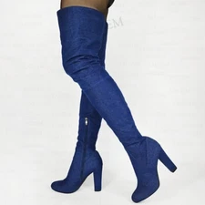 Women Thigh High Boots Denim Block High Heels Over Knee Boots Side Zip Shoes