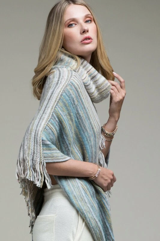 Blue Lakeshore Turtleneck Fringed Poncho