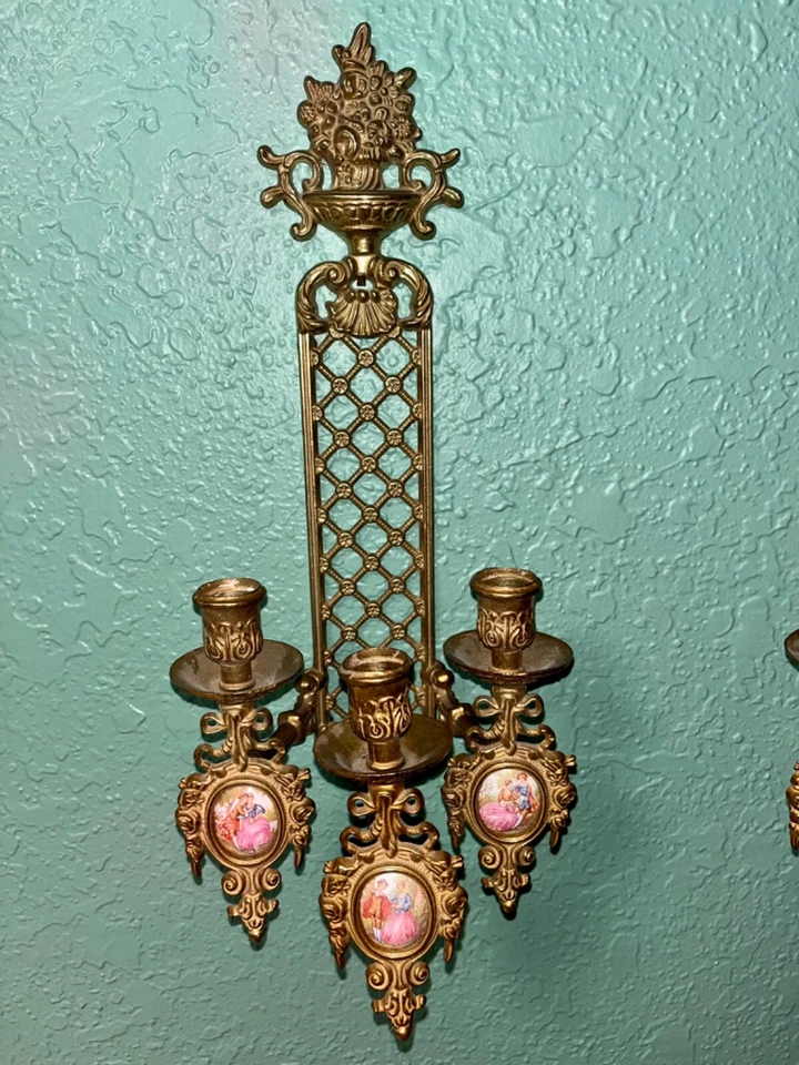 vintage Italian brass wall sconces- painted ceramic motif RARE beautiful patina - Image 2 of 4