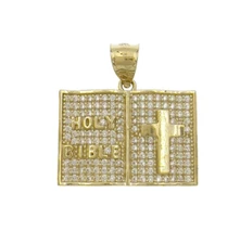 Holy Bible Praying Book Pendant CZ Charm 10k Yellow Gold 1 inch