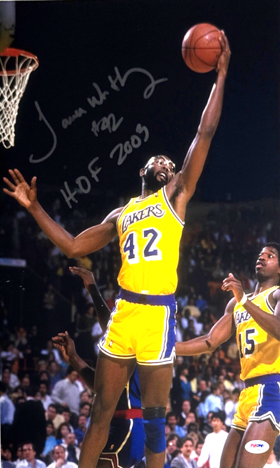 James Worthy Autographed Signed Los Angeles Lakers 12x18 Photo 'HOF 2003' PSA AC59404 