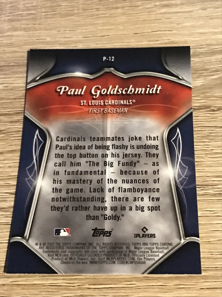 2022 Topps Chrome Paul Goldschmidt P-12 Pinstriped Club Plaque Insert - Image 2 of 2