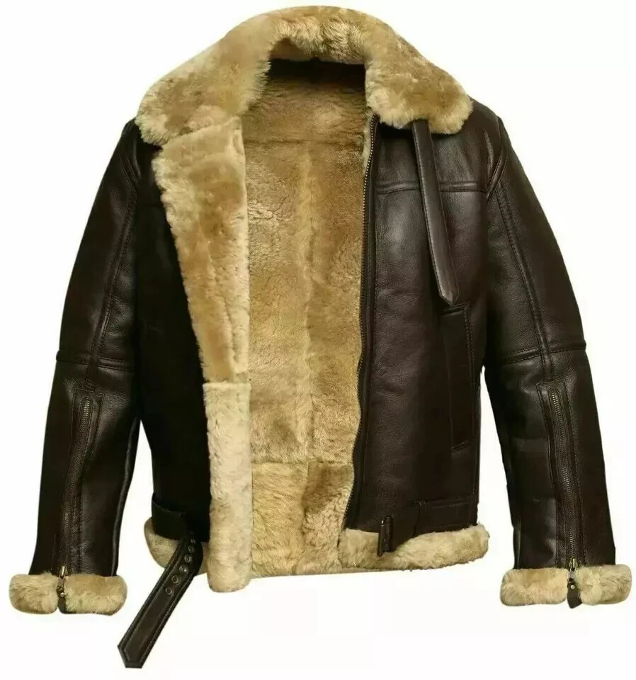 Men B3 Bomber RAF Aviator Jacket Genuine Sheepskin Leather Pilot Flying Coat
