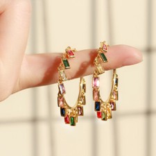 Women Boho Gold Plated Big Circle Cubic Zirconia Tassel Drop Earrings CZ Jewelry