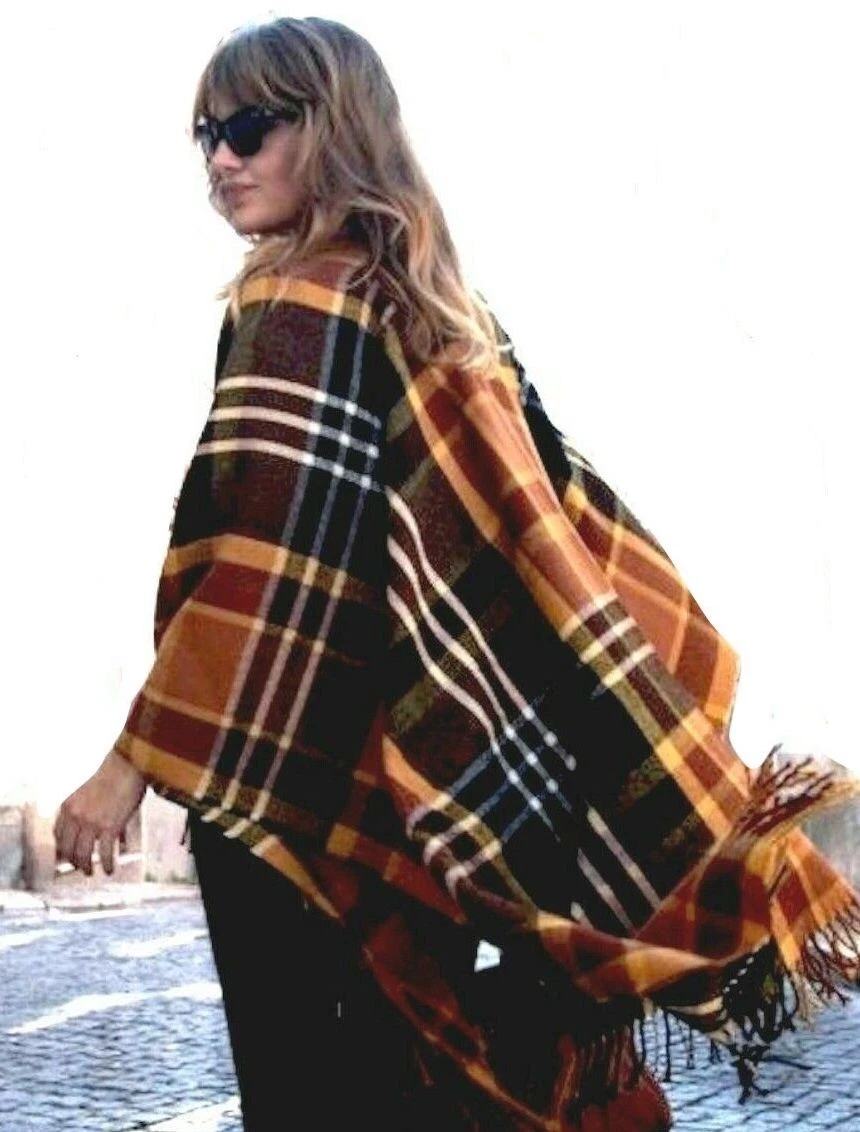 TOPSHOP CAPE CHECK PRINT PONCHO CAPE JACKET BLANKET COAT WITH FRINGE NEW