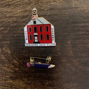 Little Red Schoolhouse & Blue Enameled Pencil Lapel Hat Pin Set