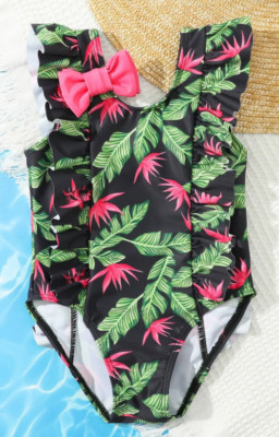 Adorable Toddler Bright Colored Tropical Floral Swimsuit W/Pink Bow & Ruffles  