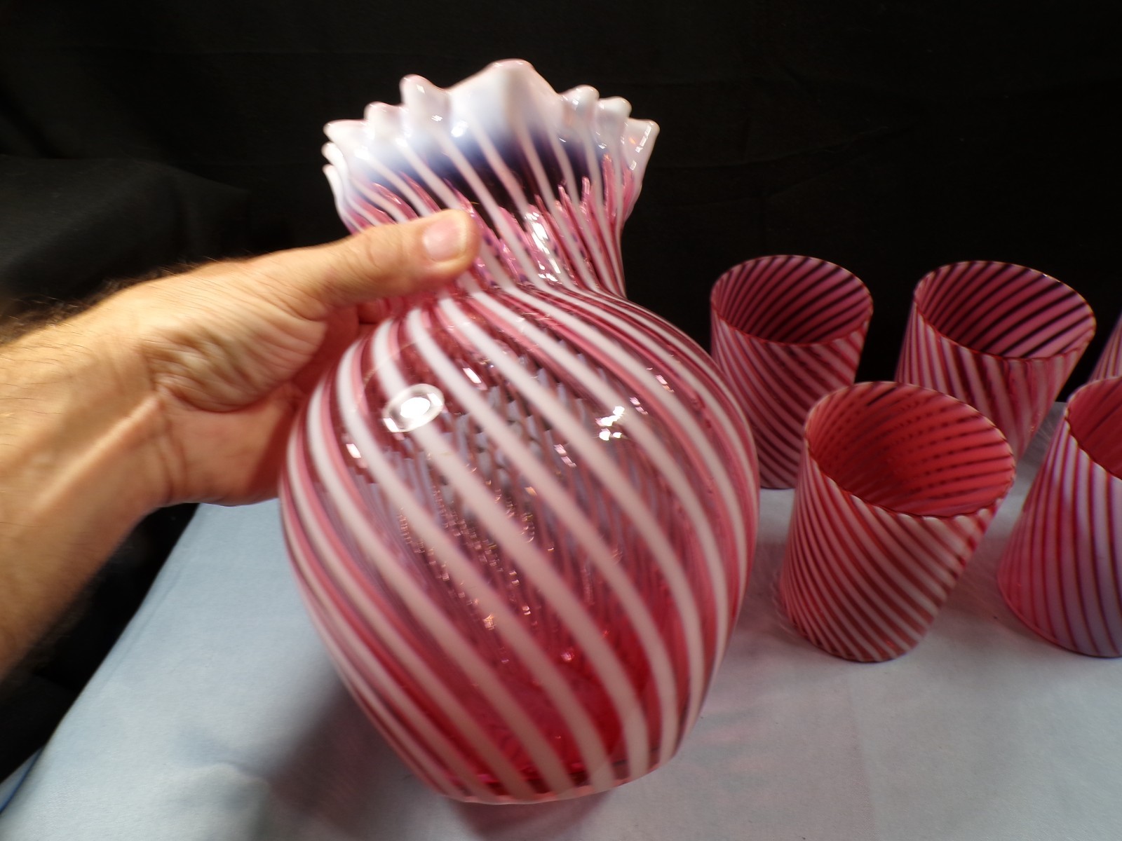 Northwood Cranberry Opalescent Swirl Spiral Optic Water Set Pitcher & 6 Tumblers