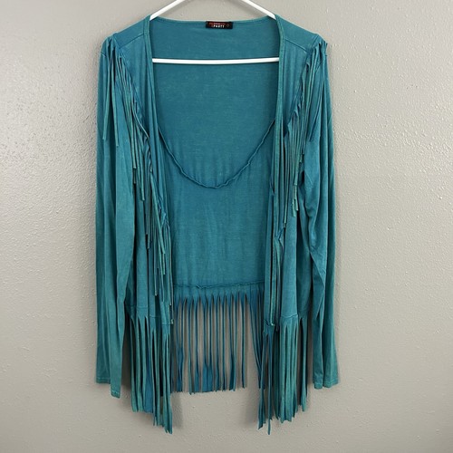 T-Party Fringe Open Front Cardigan Size M Turquoise Blue Boho Festival Western