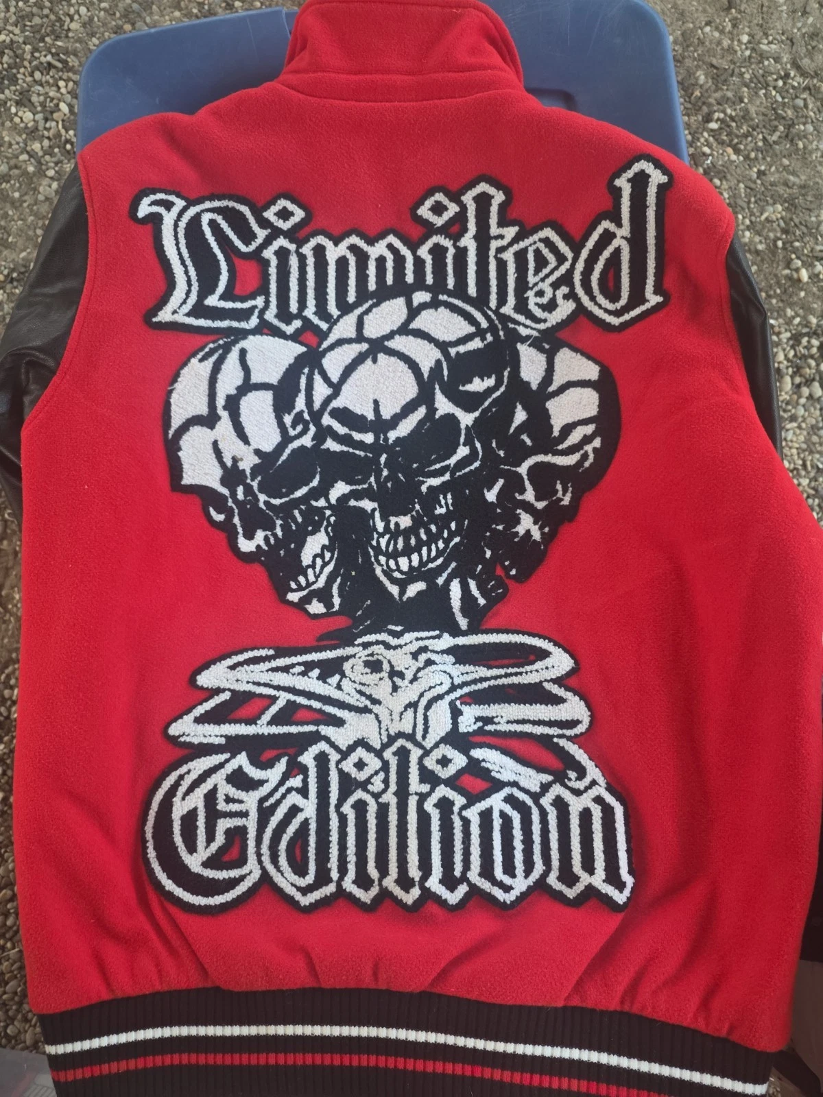 boohooMAN Men's Red Letterman Varsity Jacket Patches Quilted Lining Snap Sz L image 3