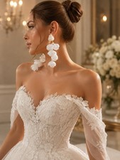 Oversized Floral Pearl Earrings White Flower Bridal Wedding Statement Drop...
