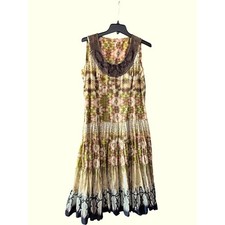 Reba Womens Size 6 Green Boho Tiered Beaded Scoop Neck Snakeskin Midi Dress EUC