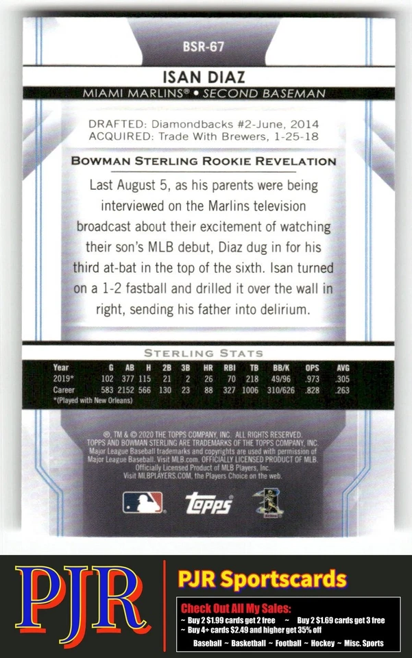 Isan Diaz 2020 Bowman Sterling #BSR-67 Miami Marlins Rookie - Image 2 of 2
