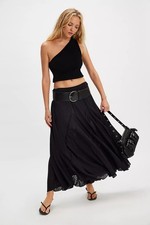 Free People Madras That Solid Linen Maxi Skirt A Line Godet Mid Rise M 284784