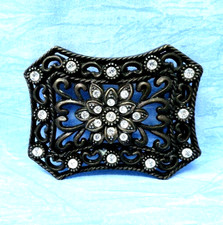 Western Floral Belt Buckle Open Work Rhinestones Coastal Cowgirl Vtg 90s .DBD271