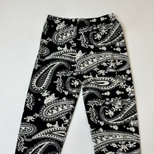 Paisley Print Pants Womens Medium Black White Boho Stretch Elastic Waist Retro