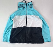 BOBBIE BROOKS Womens Windbreaker Jacket LOVE Large Color block Teal White Black