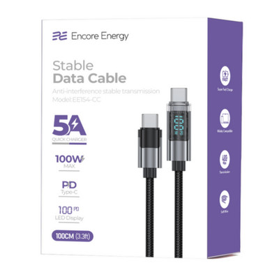 Encore Energy USB C Kabel Mit Display 5A 100W 100cm Geflochten Schwarz