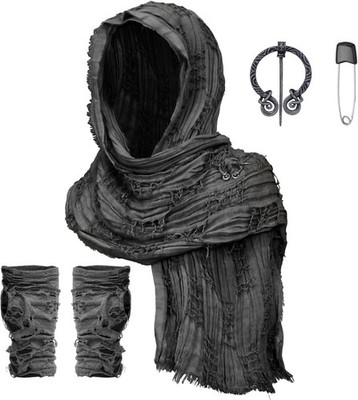 Desert Costume Hooded Shawl Scarf with Viking Brooch & Punk Gloves, Renaissance