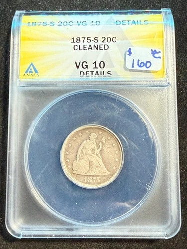 1875 S SEATED LIBERTY TWENTY CENT ANACS VG 10 DETAILS CLEANED 895