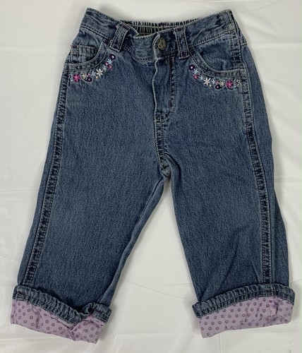 Vintage Y2K Toddler Girls 9 Month Denim Jeans Flower Embroidery Polka Dot Cuff