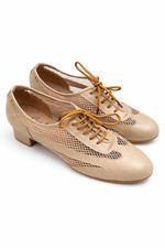 Comfort Practice Net Dance Shoes Tan Leather Lace Up Low Heel Ballroom