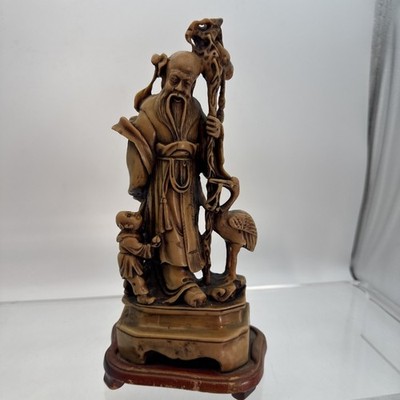 Vintage Carved Resin Chinese God Of Longevity Prosperity 10'' Asian Statue Heavy