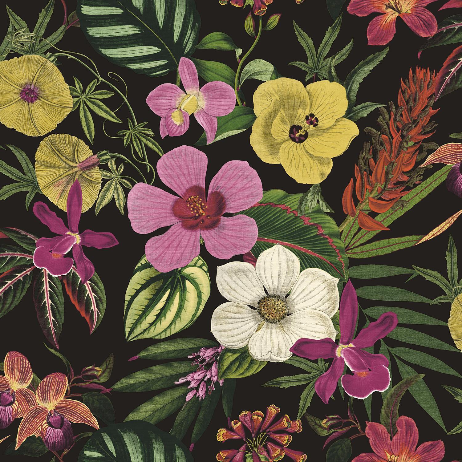 Rasch Floral Leaf Black Wallpaper Naturistic Botanical Flowers Feature Wall