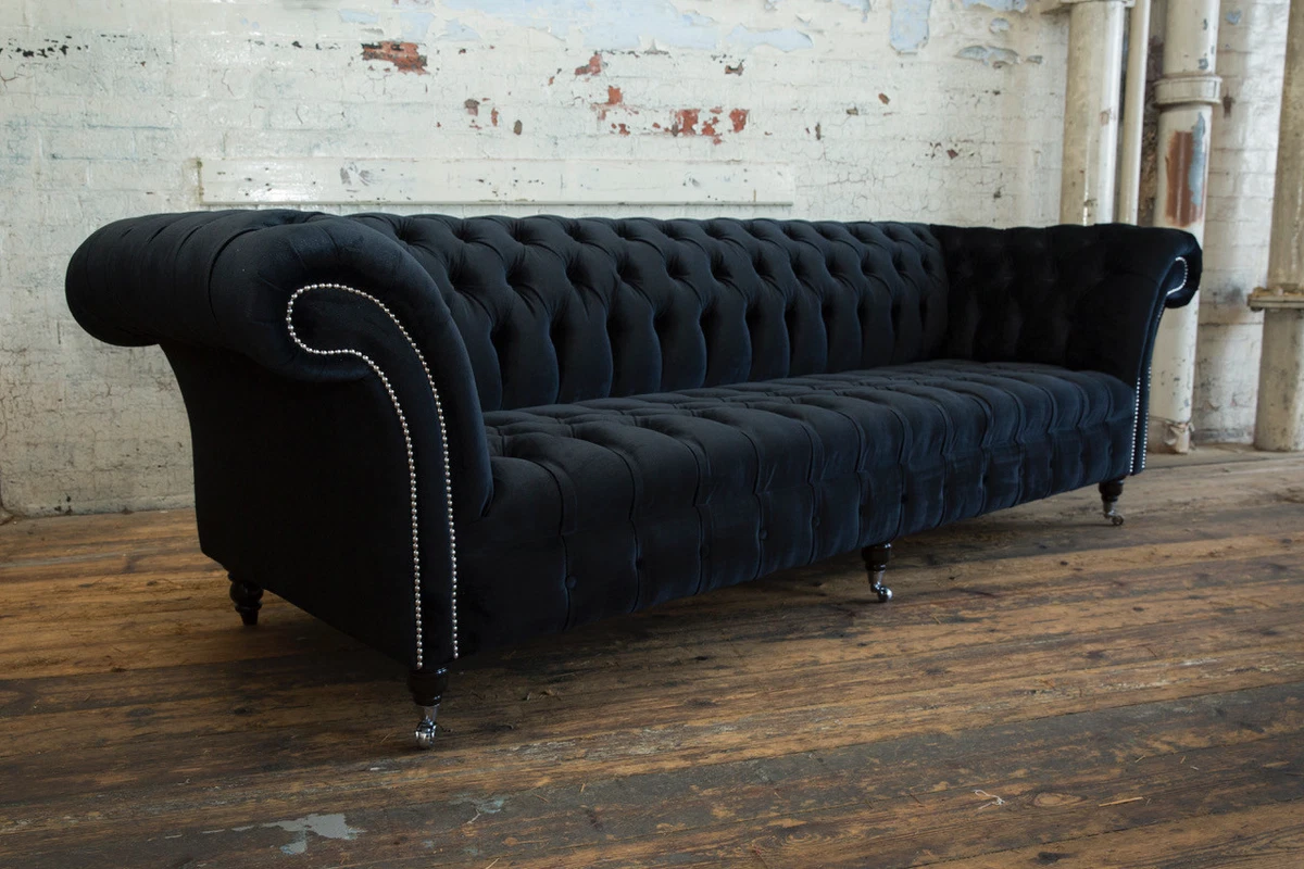 MODERN LARGE HANDMADE 4 SEATER SOFT BLACK VELVET CHESTERFIELD SOFA FABRIC
