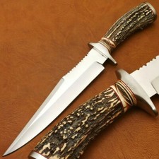 custom handmade high carbon steel 13" bowie knife STAG HANDLE with steel clip