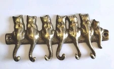 Vtg Brass SITTING CATS Tails Wall Mount 6 Hook Key Holder Jewelry Leash Hanger 