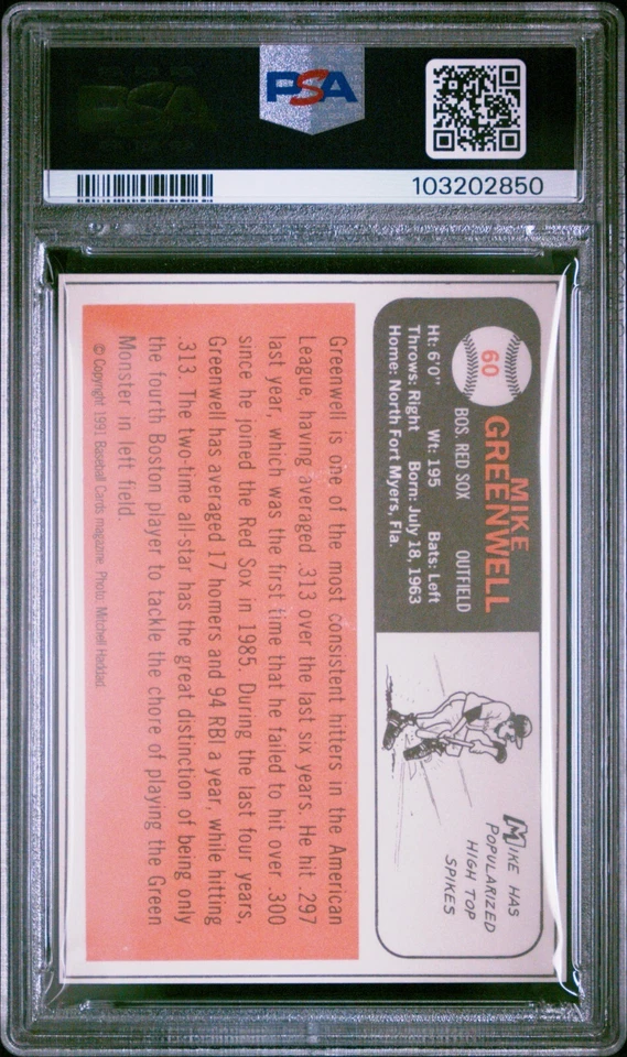 PSA 9 COMO NUEVO 1991 BB CARDS REVISTA RÉPLICA TARJETAS MIKE GREENWELL #60 RED SOX B186 Foto 2 de 2