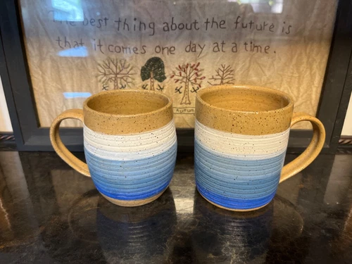 Studio Pottery Set of Mugs, Blue Striped, Signed B Hegzozi