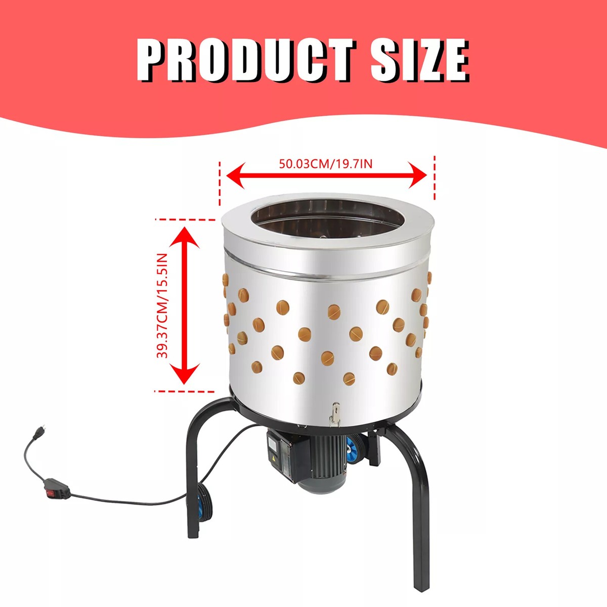 Electric Poultry Plucker – 19.7” Drum, 2HP Motor, 106 Rubber Fingers – Pluck 2-4 Birds Fast