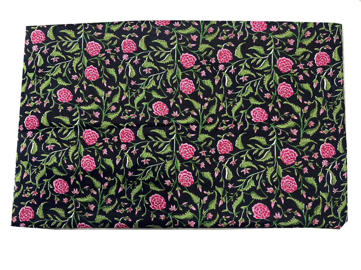 Indian Black Floral Hand Block Fabric 100% Cotton Dress Crafts Fabric 10 Yard US