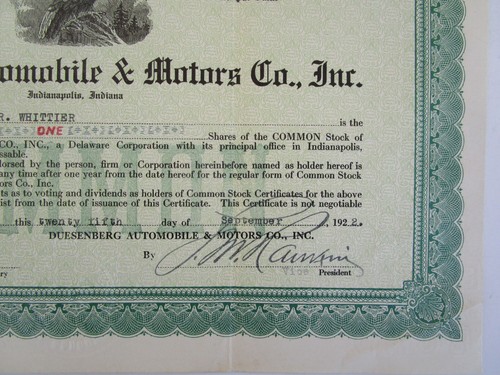 1922 DUESENBERG AUTOMOBILE & MOTORS AD INTERIM Stock Certificate. INDIANAPOLIS - Picture 6 of 9