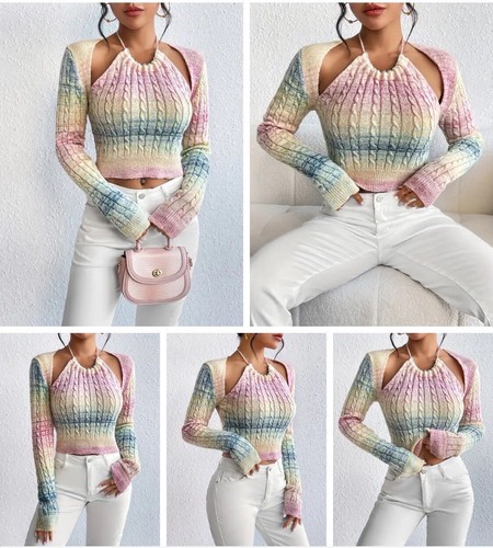 Casual Women's Comfort Sweater Ombre Cut Out Cable Knit Tie Back Sweater ๐๐ - Picture 2 of 11