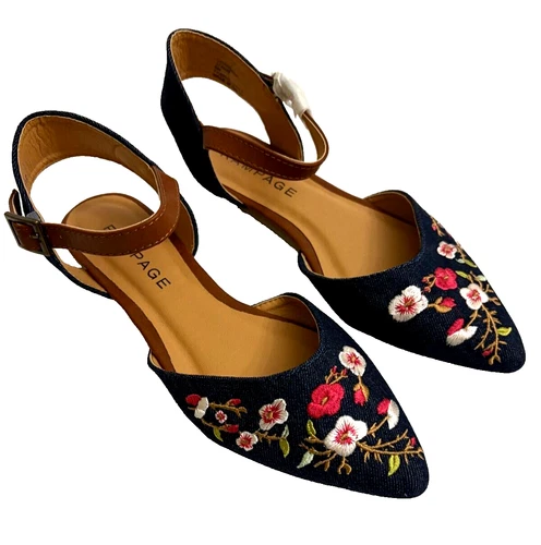 Rampage Slingback Flat Shoes Womens Size 6M Blue Denim Embroidered Flowers NWOB