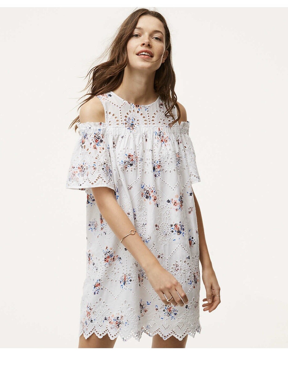 NWT Loft Eyelet Floral Embroidered Cold Shoulder Dress Sz XS