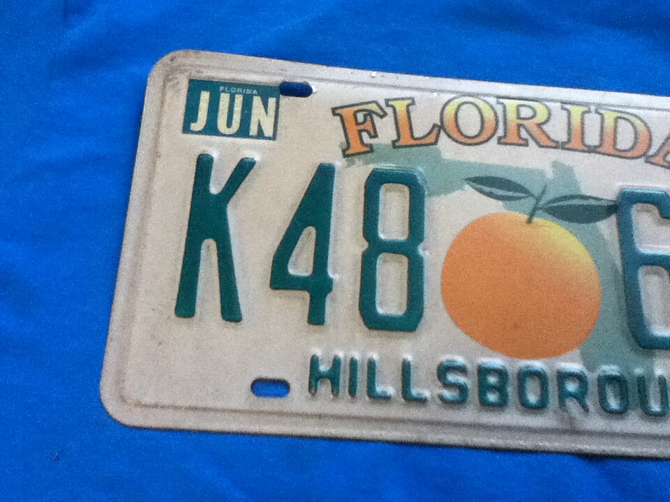 License Plate Florida K48 67J Hillsborough 1999 Orange Vintage Rustic
