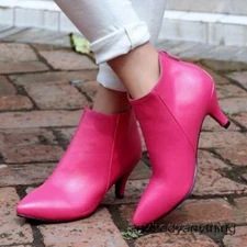 Womens Kitten Mid Heels Riding Boots Pointed Toe Ankle Boots Shoes Zipper Bootie